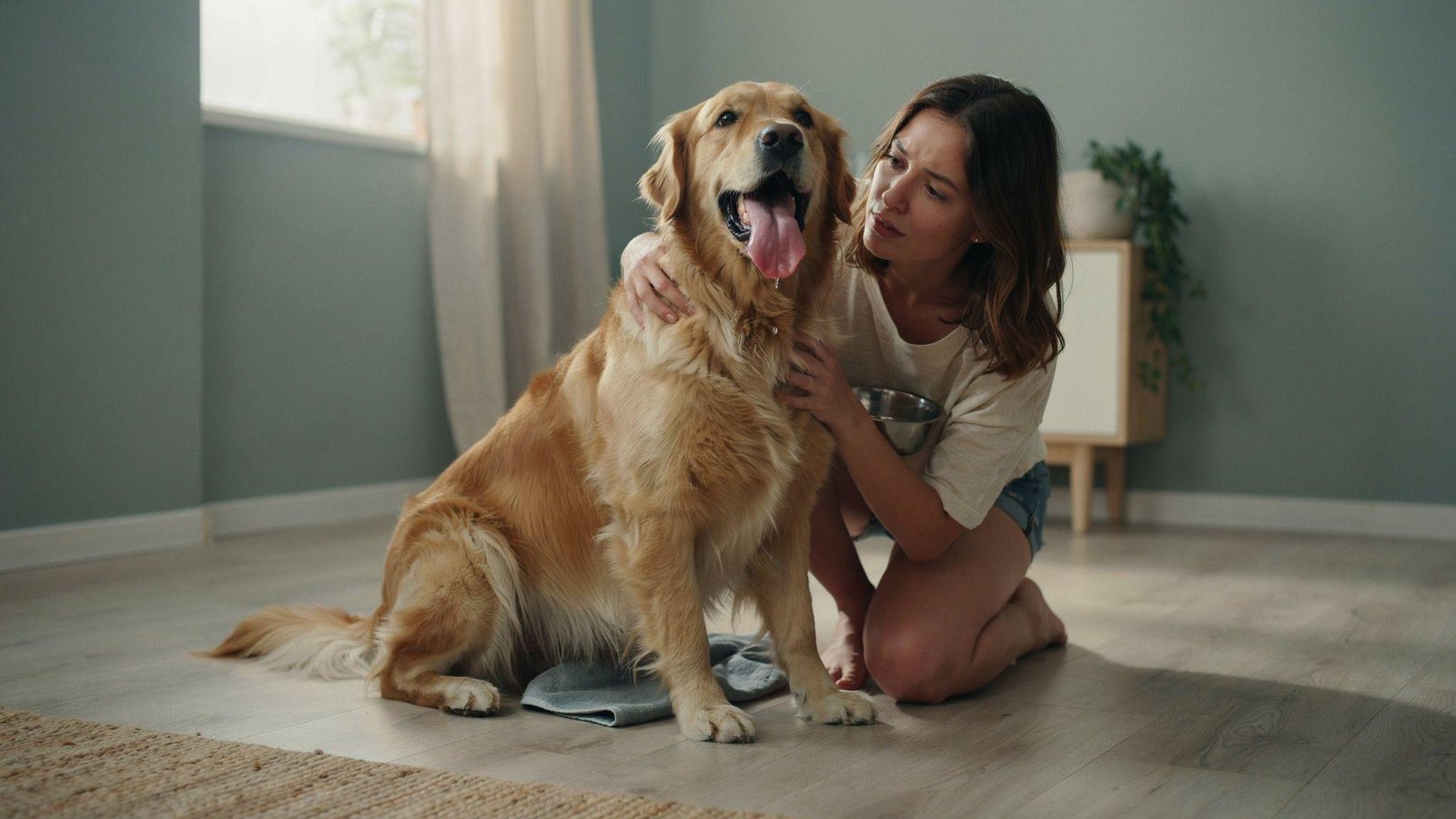 Dog panting indoors while owner watches closely, illustrating common causes of excessive panting.