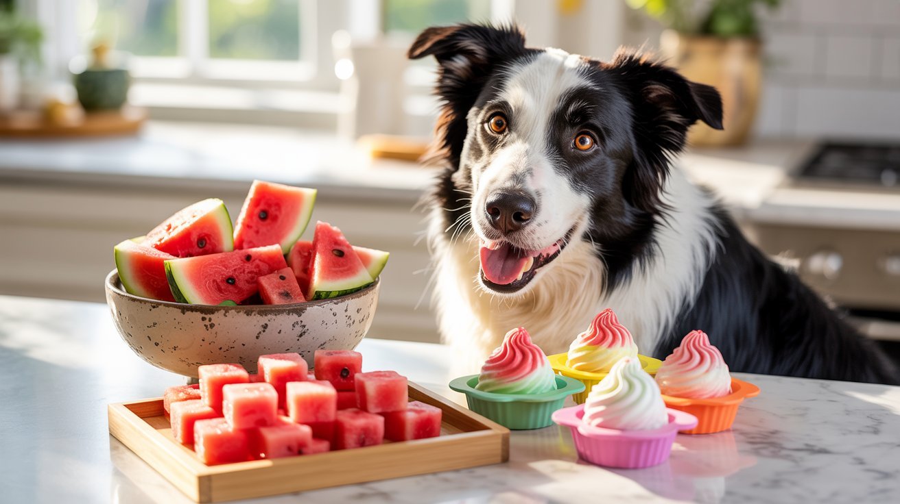 "Border Collie with fresh, frozen, and homemade watermelon treats for dogs in a bright kitchen"