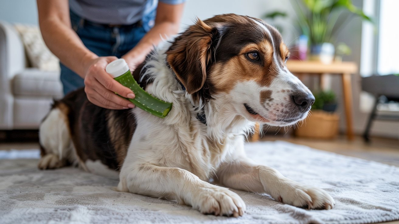 "Dog receiving aloe vera gel treatment for irritated and itchy skin"
