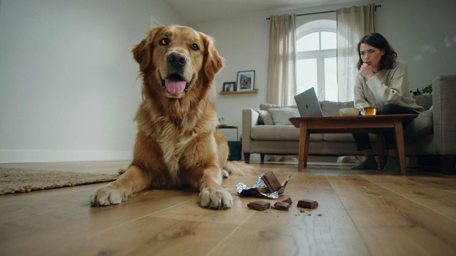 "Golden retriever sitting near chocolate wrappers indoors while appearing healthy after eating chocolate"