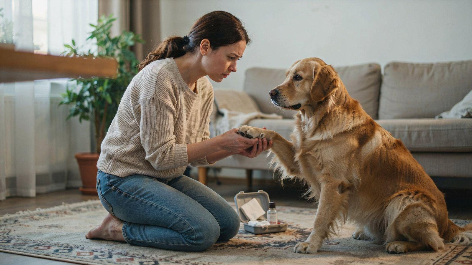 Dog limping indoors while owner gently checks paw injury under warm light compassionate veterinary care scene