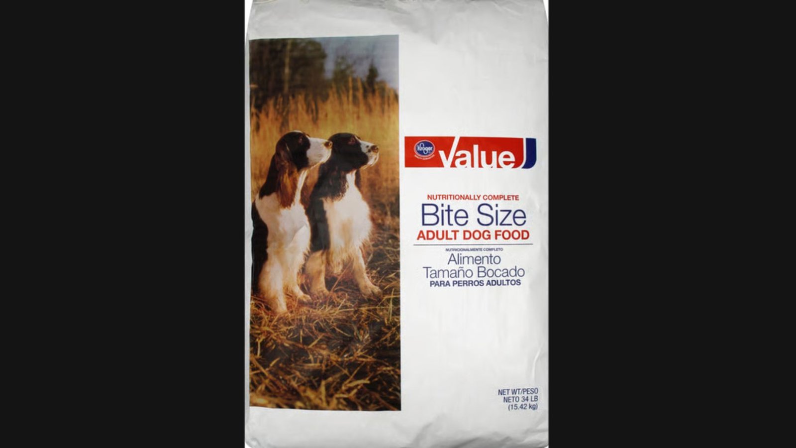 -"Kroger Value Bite Size Adult Dog Food 34 lb bag with two spaniels in field"