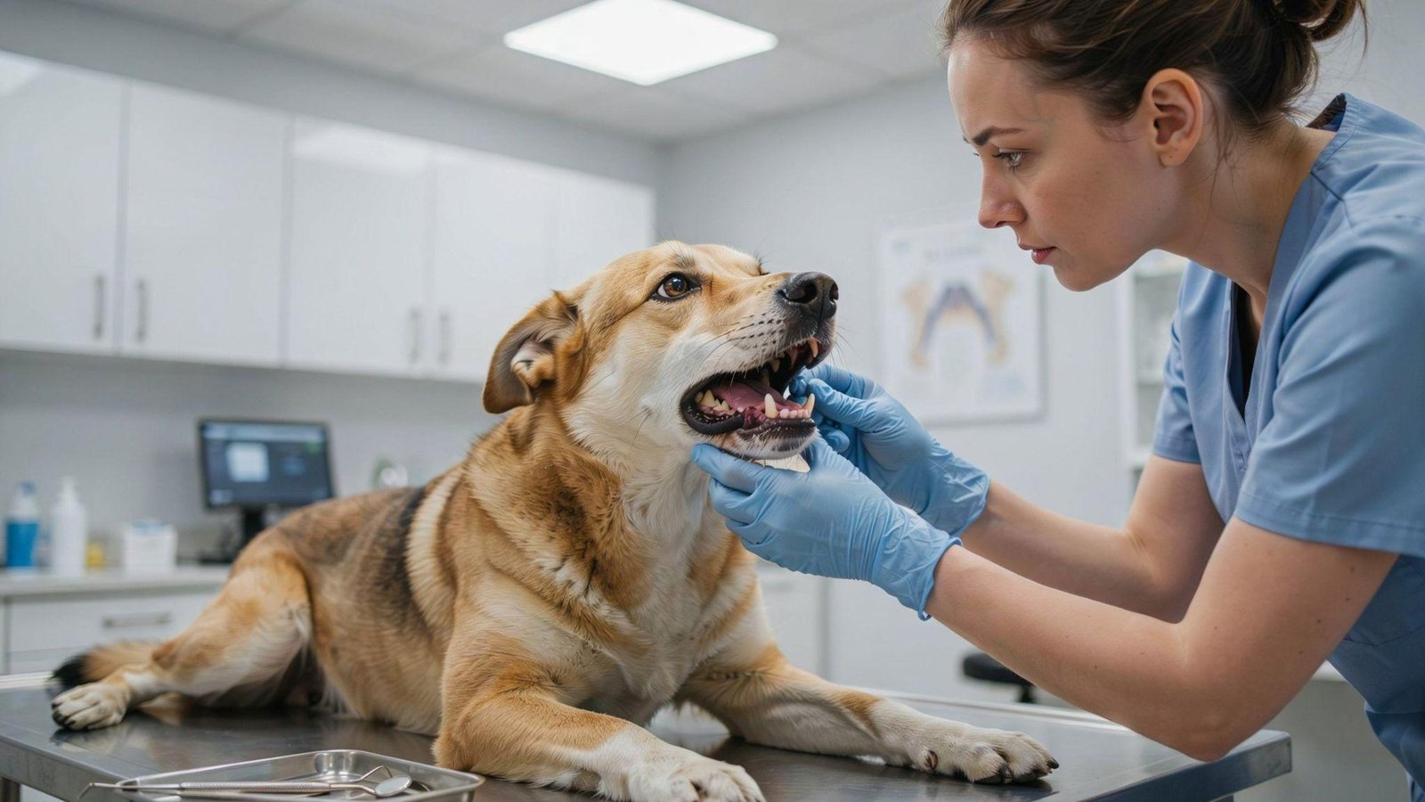 "Veterinarian examining a dog’s teeth in clinic showing plaque buildup, retained puppy tooth, and signs of dental disease in a realistic medical setting."