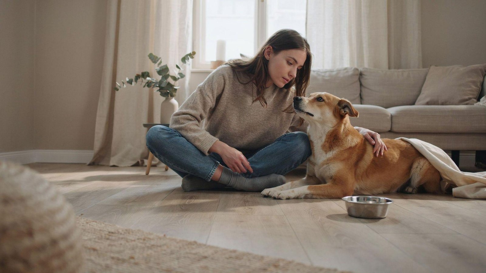 "Concerned pet owner sitting beside a sick dog in a calm home setting, illustrating care during digestive illness"