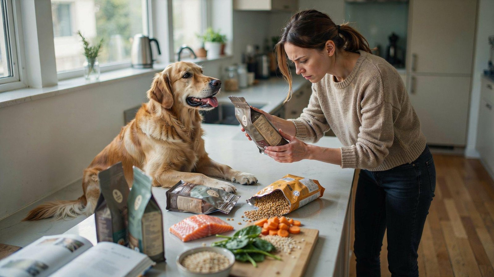 "Dog owner comparing unhealthy commercial dog food brands with healthier natural ingredients beside a golden retriever in a kitchen"