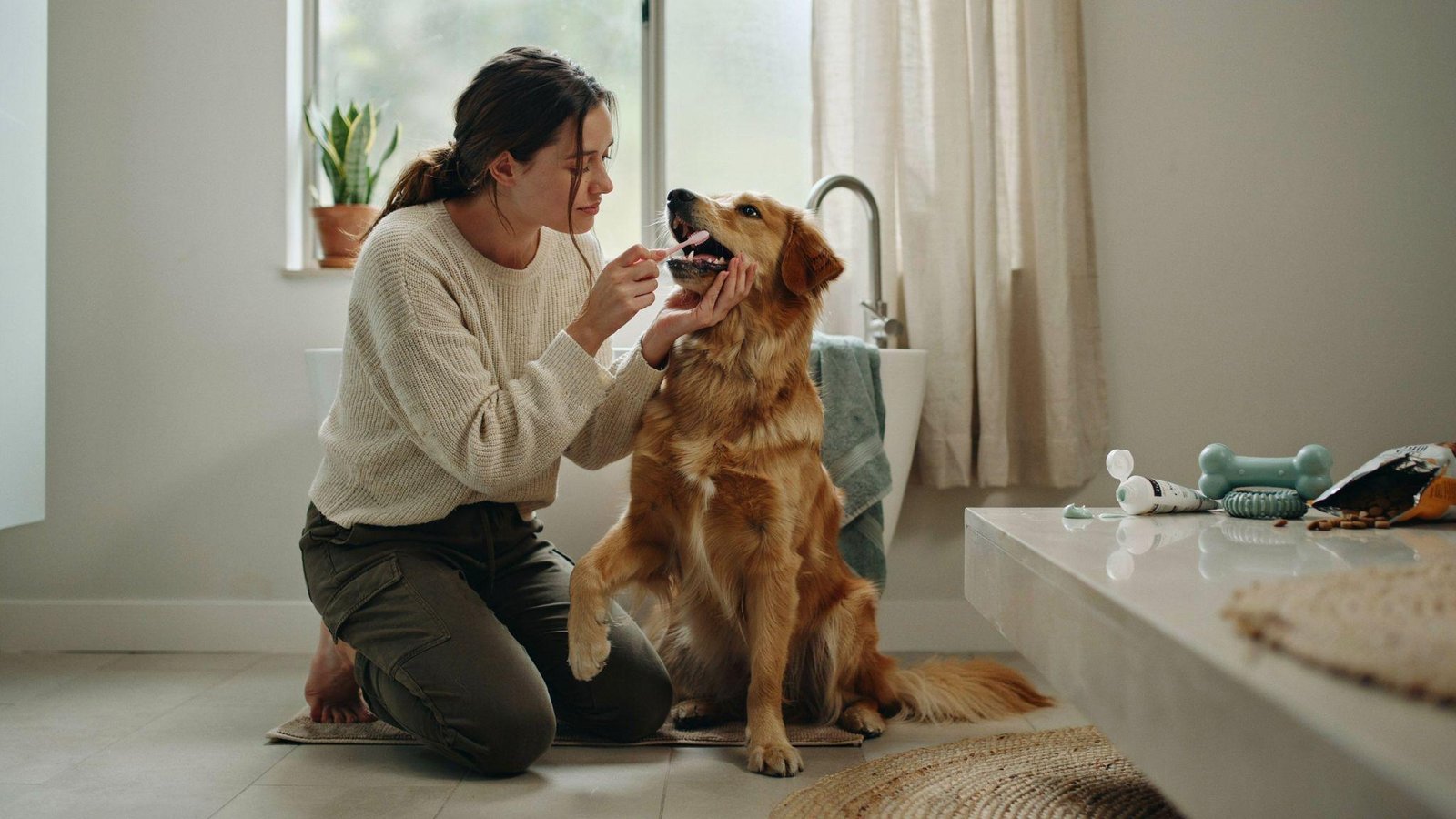 "Dog owner brushing pet’s teeth at home with dental care tools nearby, showing routine oral hygiene and preventive dental care for dogs."