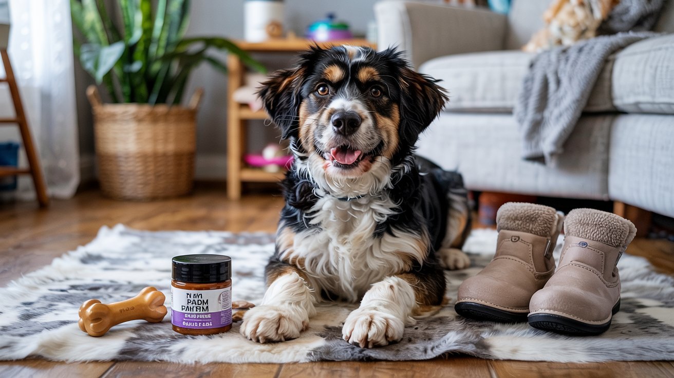 "Dog indoors with paw care and enrichment items used to help reduce paw licking"