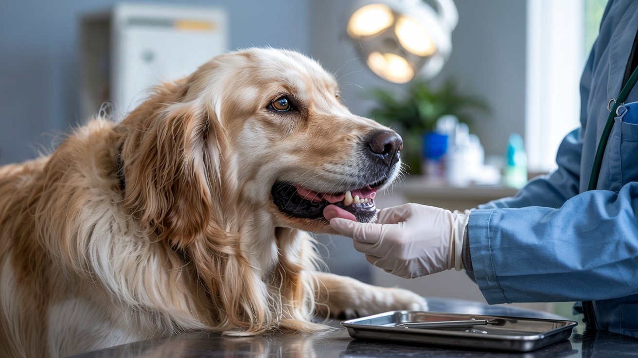 "Senior dog undergoing dental checkup showing natural tooth discoloration due to ageing"