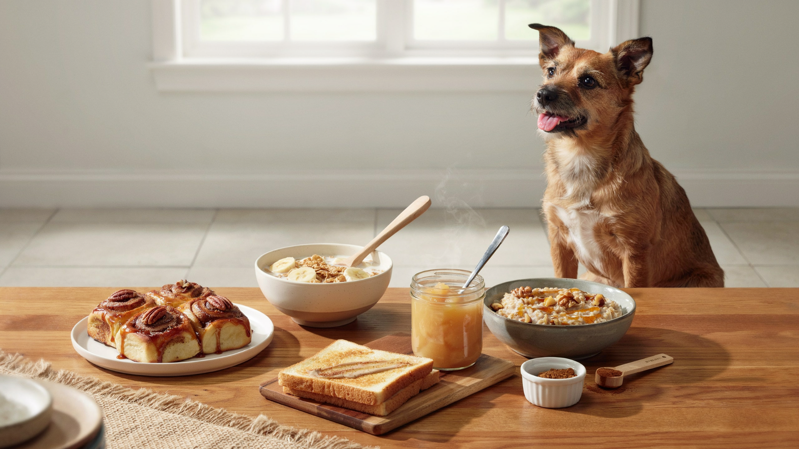 Various cinnamon-containing foods displayed with a dog nearby.