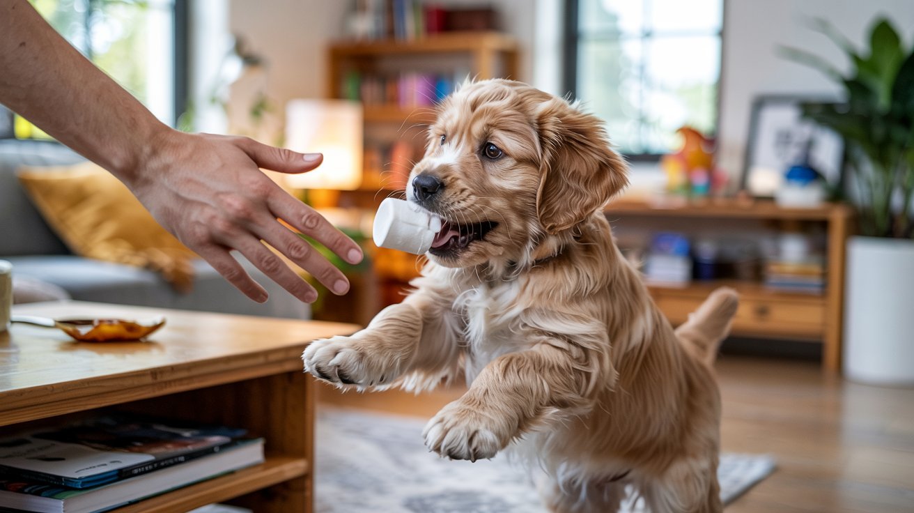 "Golden retriever puppy snatching a marshmallow from a coffee table in a cozy