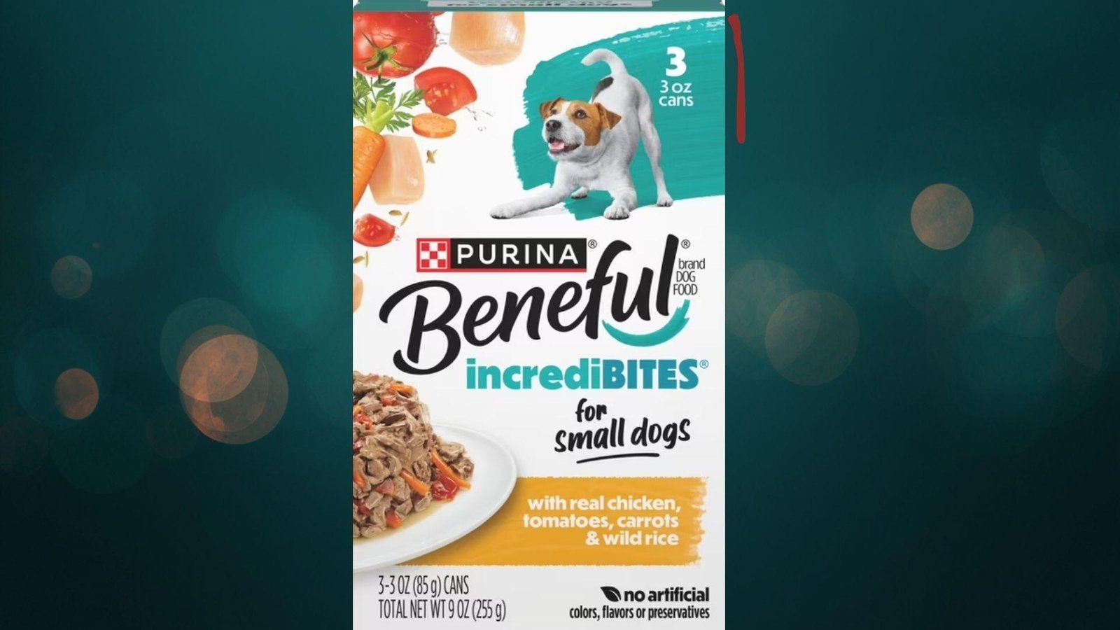 "Purina Beneful IncrediBites for small dogs wet food box with Jack Russell Terrier on teal bokeh background"