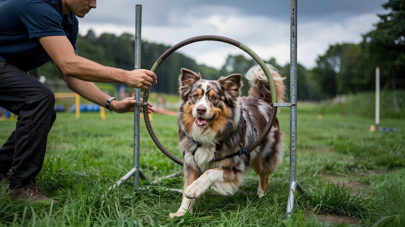 "Australian Shepherd temperament showing intelligent energetic dog performing agility training with owner in outdoor field"