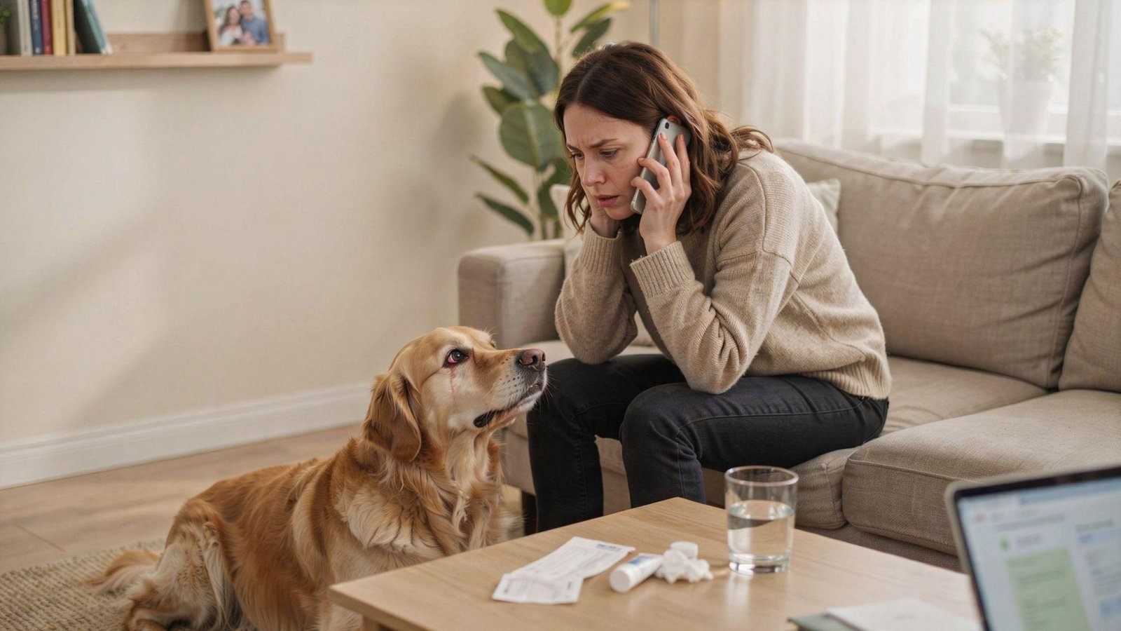 Dog owner calling veterinarian while pet shows red eye symptoms decision emergency clinic guidance care