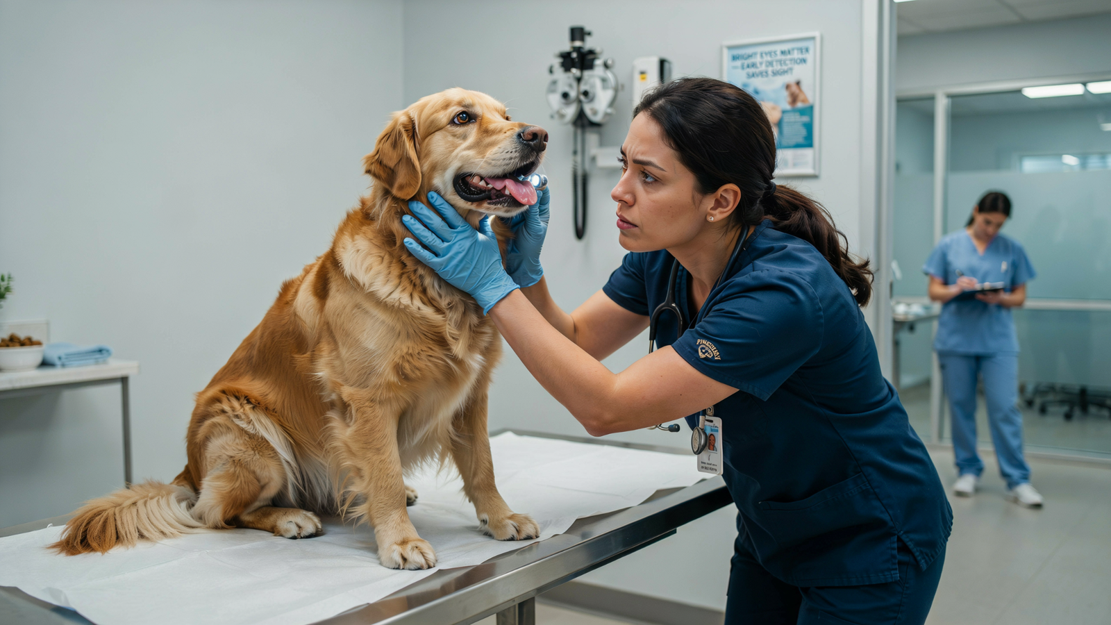 Veterinarian evaluating a dog for a serious eye condition.