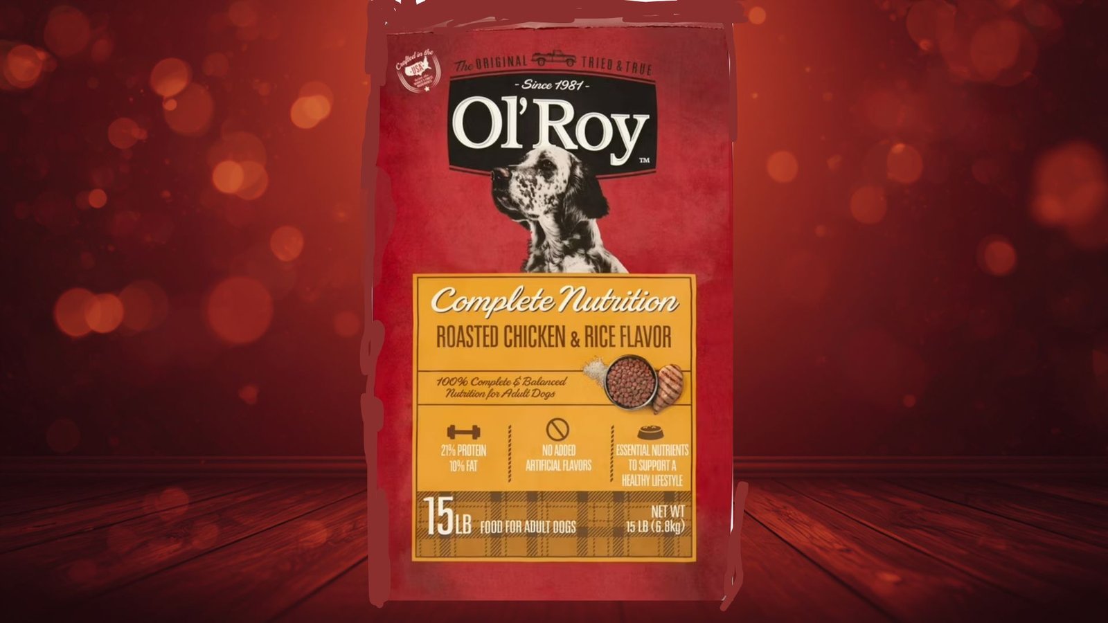 "Ol' Roy Complete Nutrition Roasted Chicken & Rice dog food 15 lb bag with spotted dog on red bokeh background"