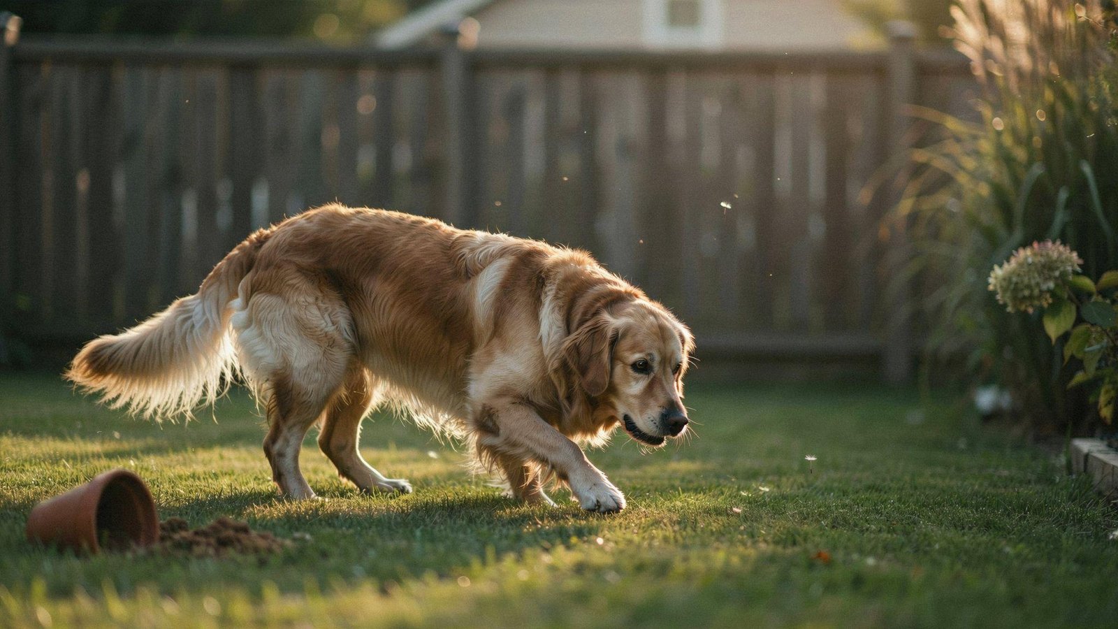 Dog circling calmly on grass before lying down in warm peaceful golden hour backyard scene