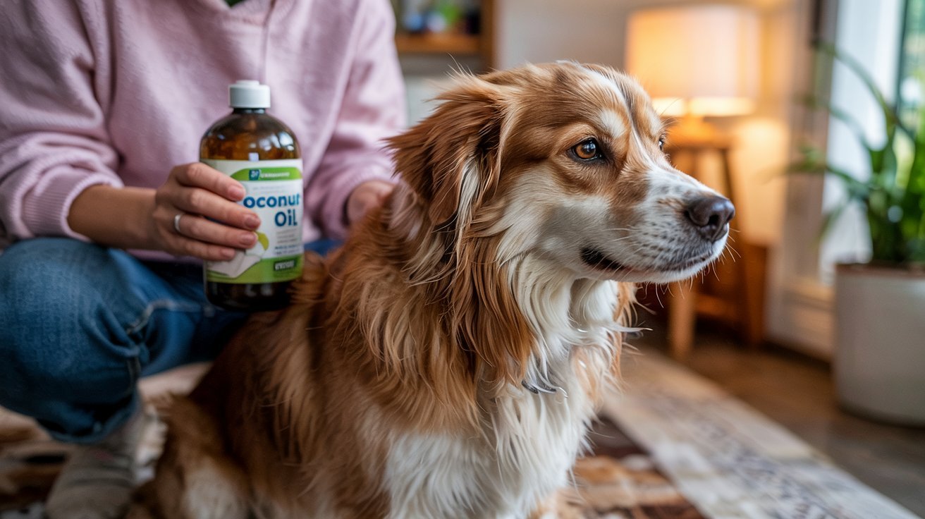 "Dog receiving coconut oil treatment for dry and itchy skin"