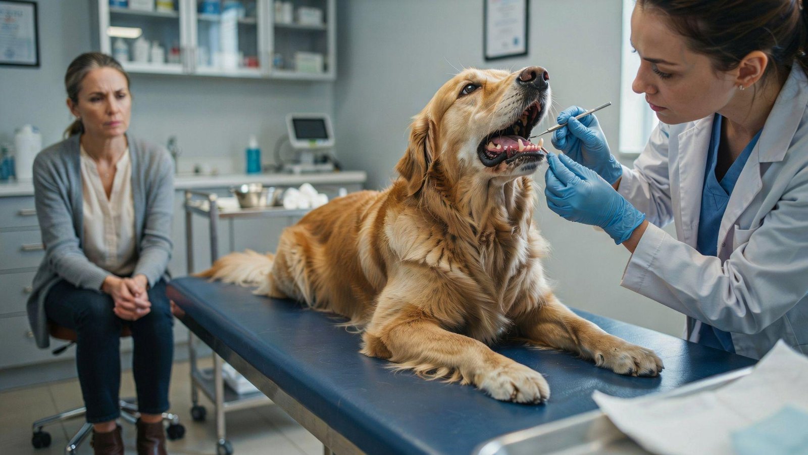 "Veterinarian examining a dog’s mouth in clinic with owner present, highlighting dental problems like gum inflammation and tartar requiring professional care."