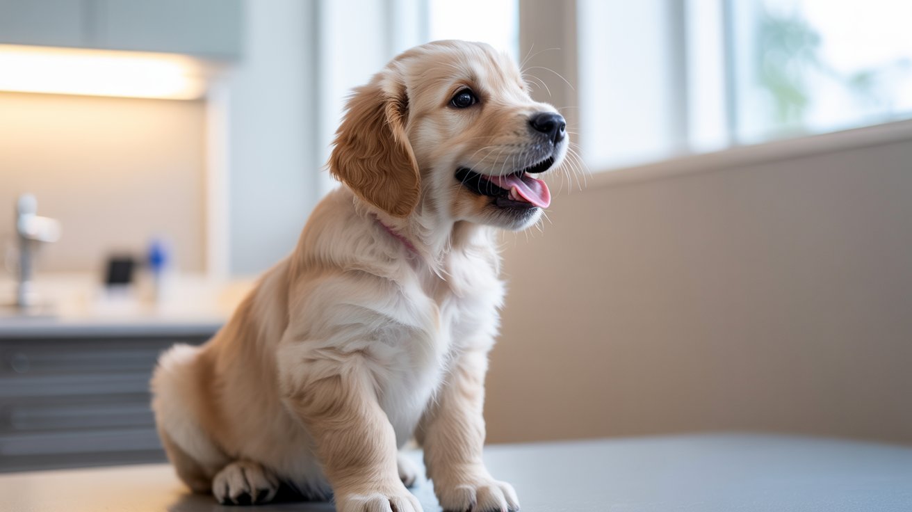 adorable puppy showing early teething stage baby teeth transitioning adult dental growth timeline illustration