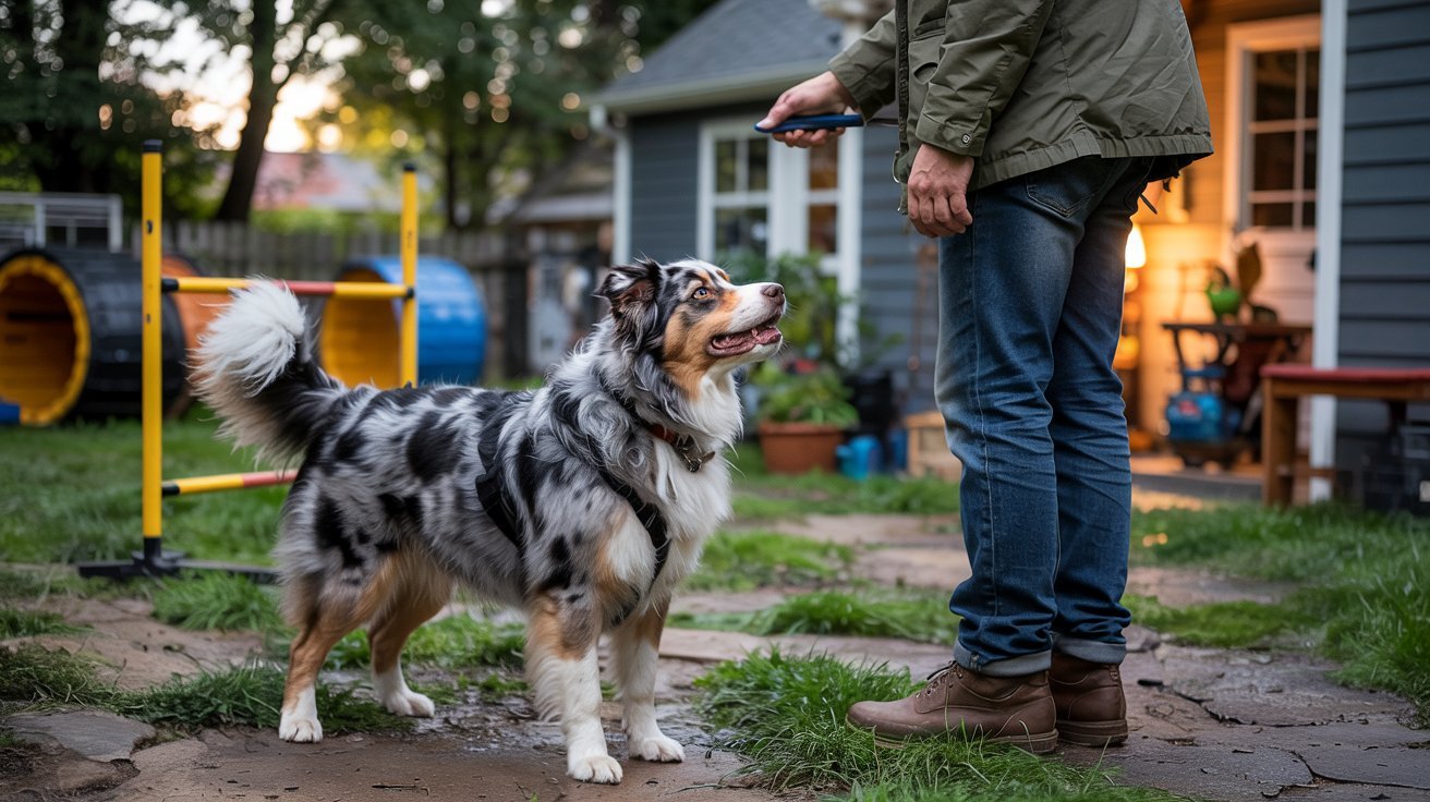 "Australian Shepherd temperament showing intelligent loyal and energetic dog engaged with owner in structured home and outdoor environment"