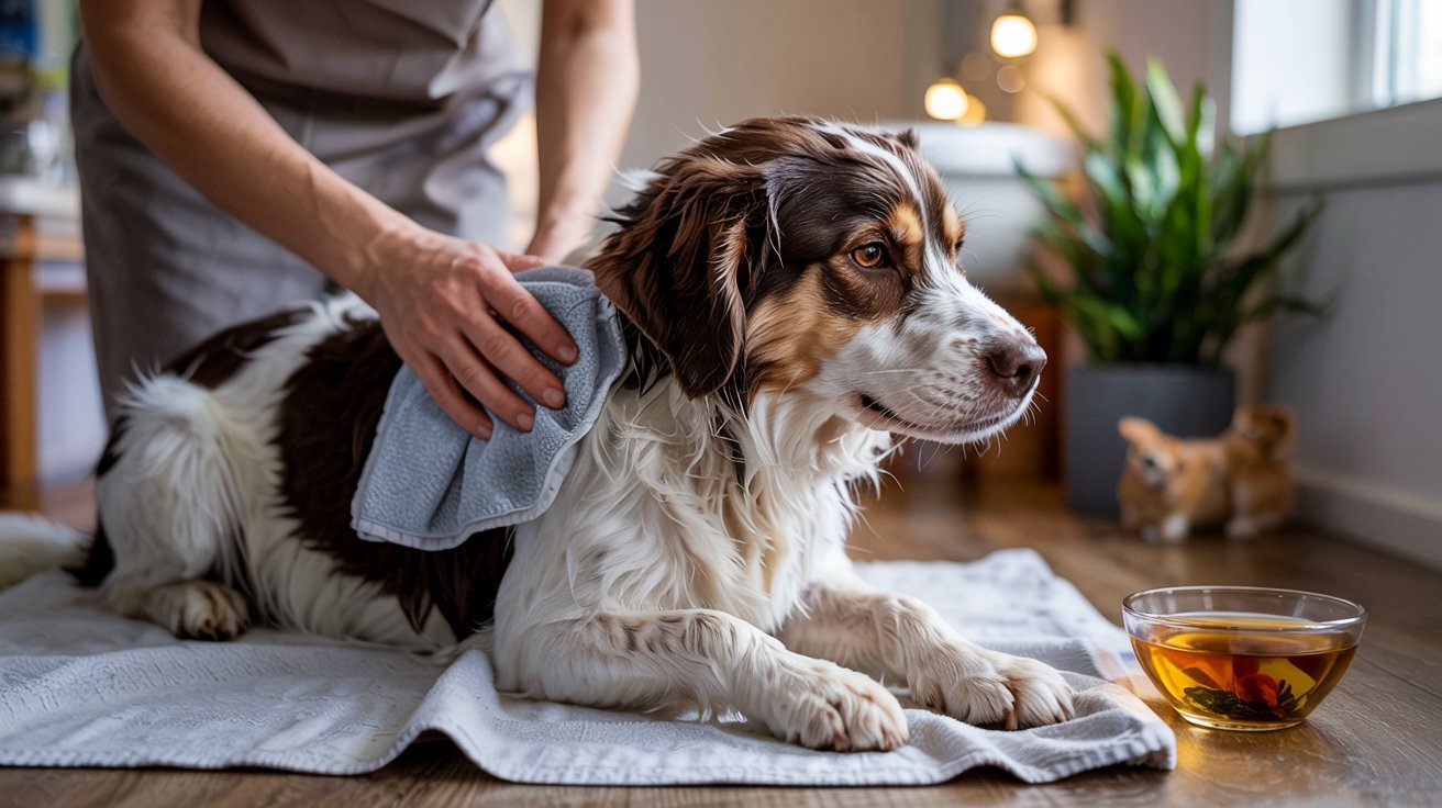 "Dog receiving a gentle chamomile tea rinse for sensitive itchy skin"