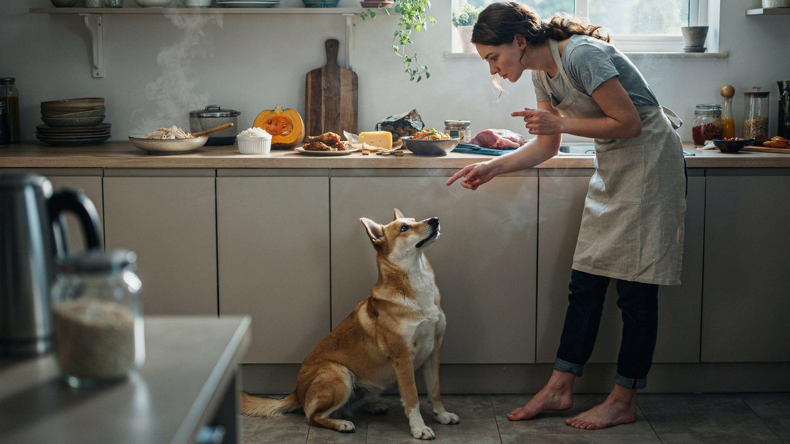 "Comparison of safe bland foods and unsafe foods to avoid for dogs with diarrhea in a kitchen setting"