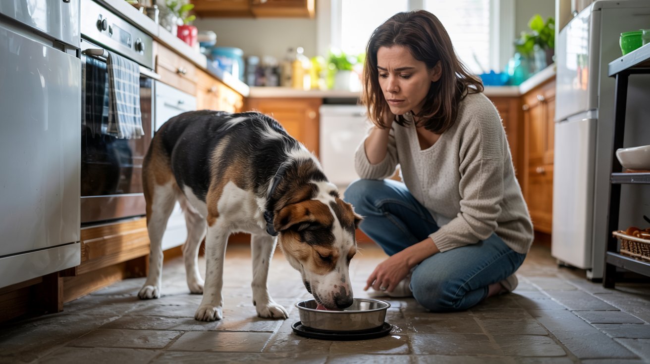 "Concerned pet owner watching a thirsty dog repeatedly drinking water from a bowl in a modern kitchen"