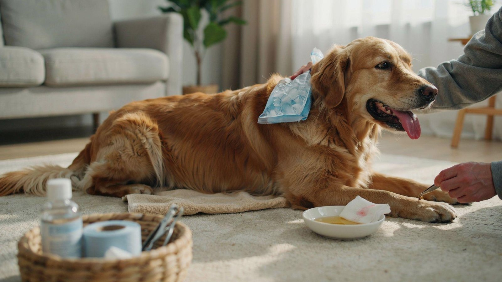 Owner providing dog first aid removing object cleaning paw ice swelling treatment home care scene