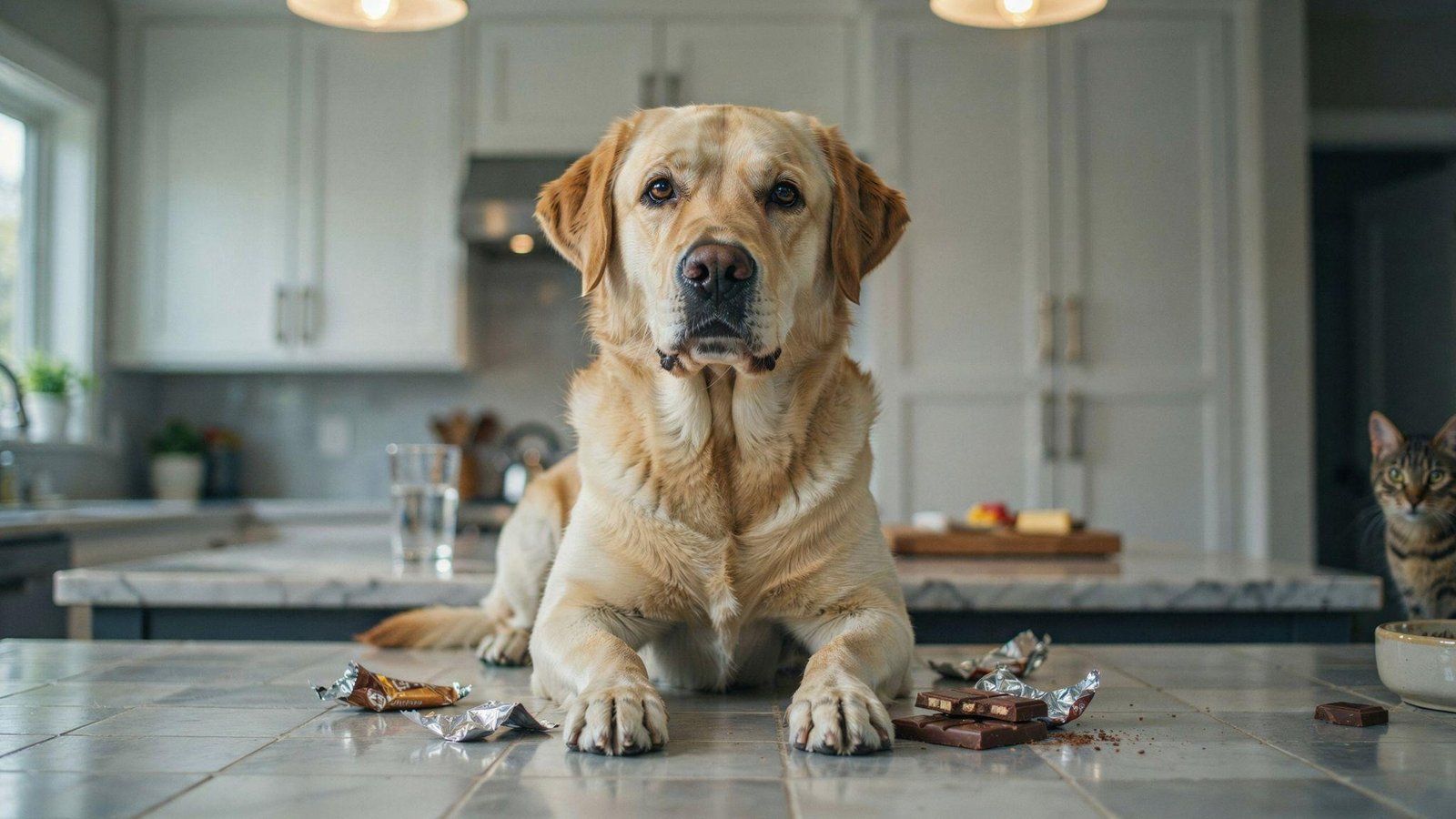 "Labrador retriever near chocolate wrappers showing a potential dog chocolate poisoning emergency"