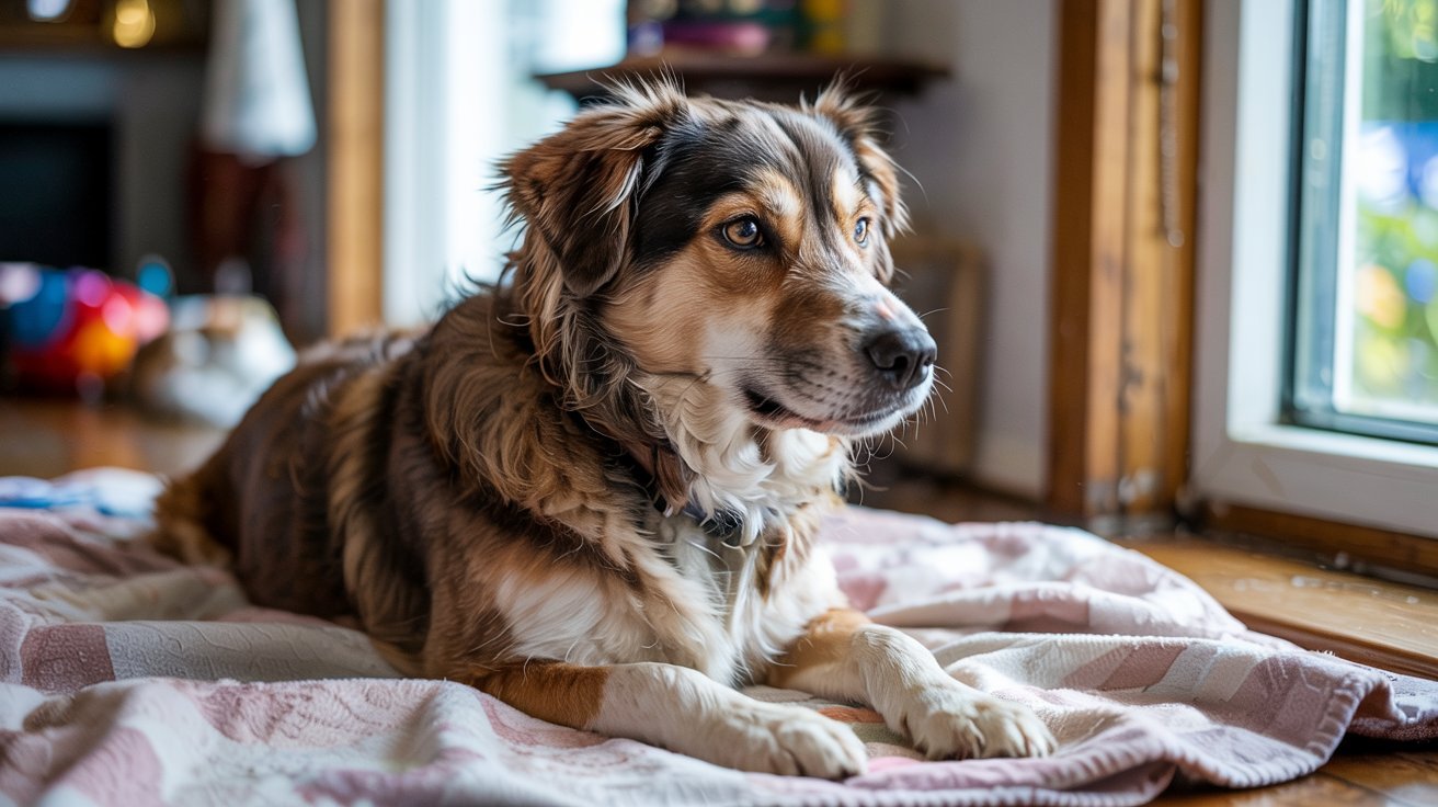"A realistic photograph of a female dog resting calmly indoors in soft natural light, representing a normal heat cycle period in a peaceful home setting."