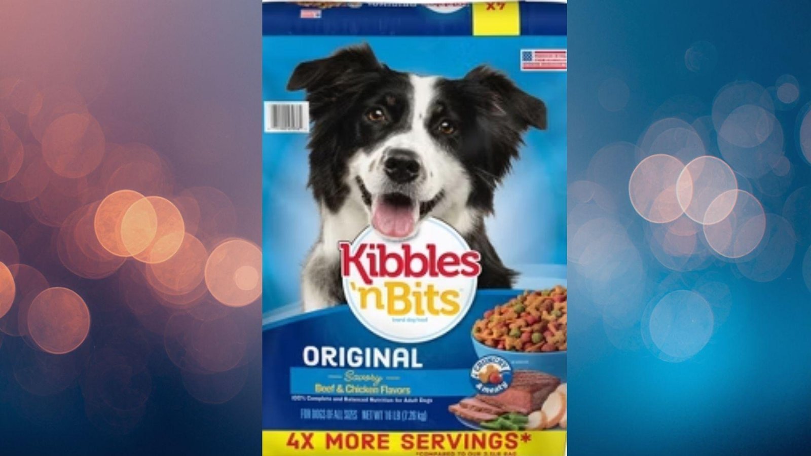 "Kibbles 'n Bits Original Beef & Chicken dry dog food bag with Border Collie on blue bokeh background"