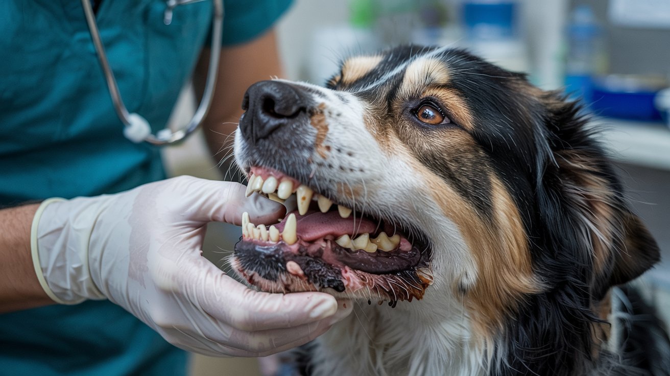 "Veterinarian examining dog’s teeth showing plaque and brown tartar buildup during dental checkup"