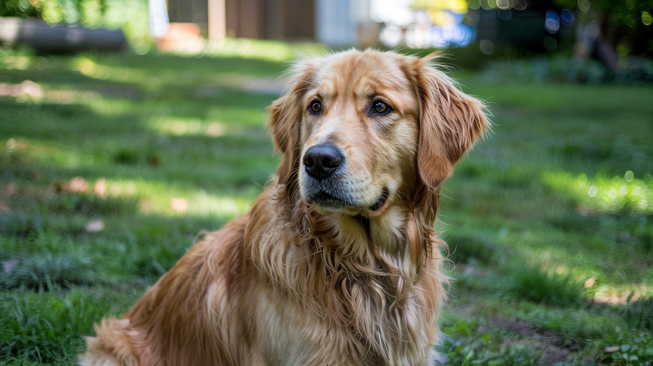 "Healthy golden retriever dog sitting outdoors in natural sunlight"