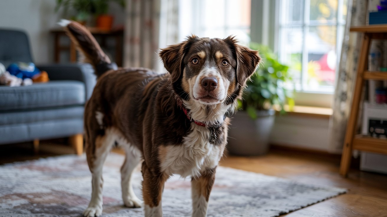 "A realistic indoor scene of a female dog standing calmly in soft natural light, captured in a warm, documentary-style pet photograph."