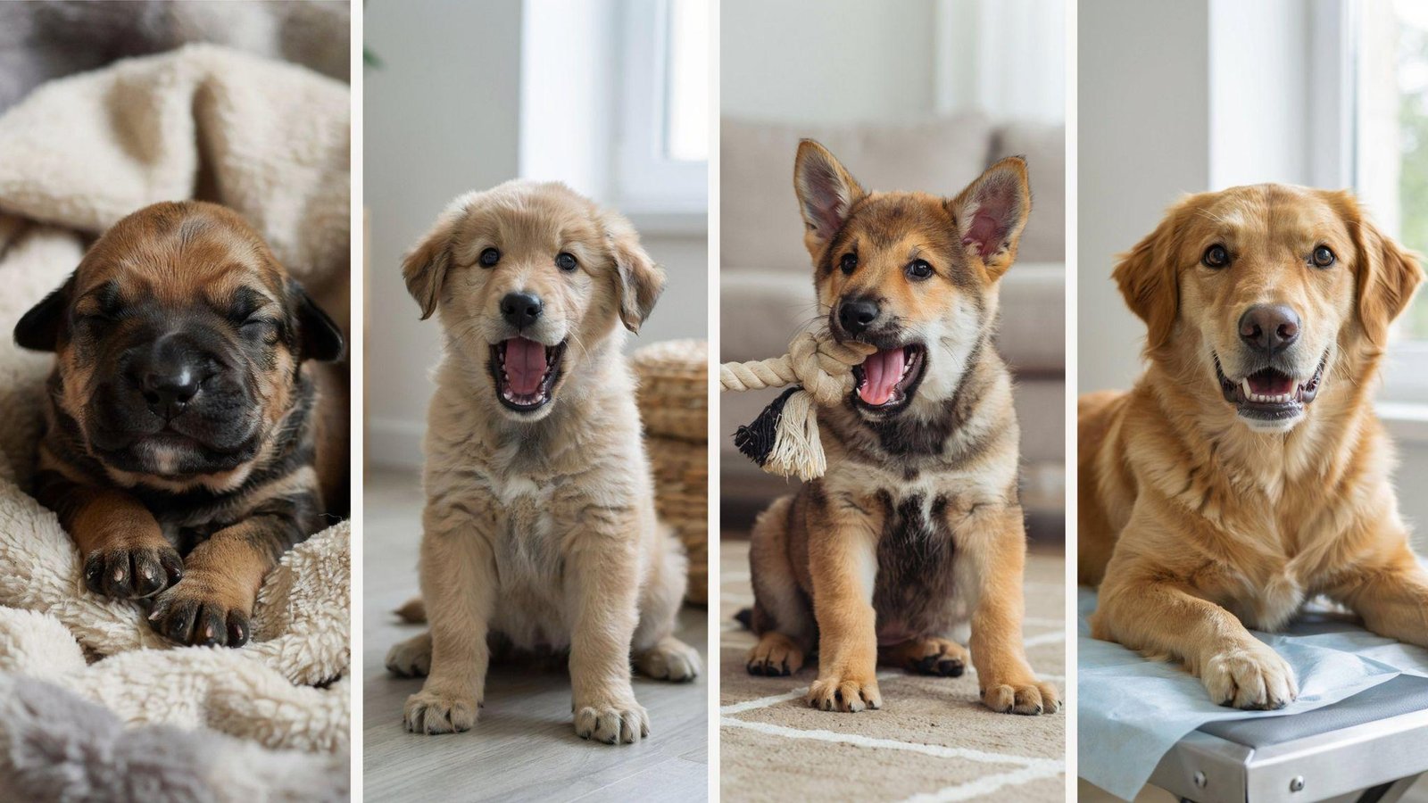 "Realistic four-stage visual showing dog dental development from newborn puppy to adult dog with full permanent teeth in natural and veterinary settings."