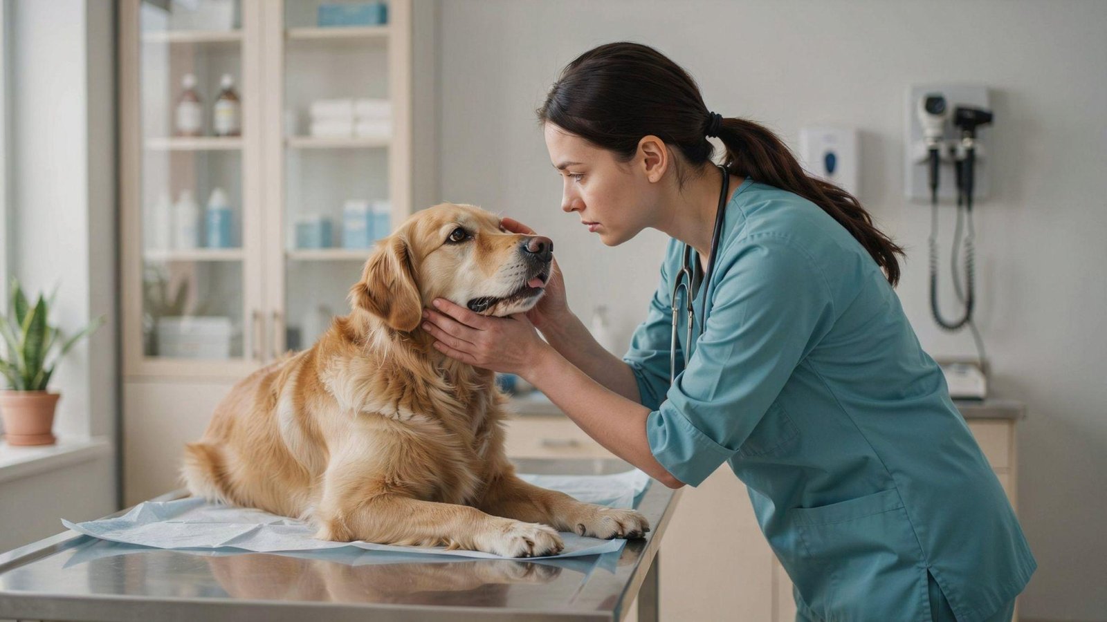 Veterinarian carefully examining dog eye redness symptoms details consultation clinic close inspection scene focus health