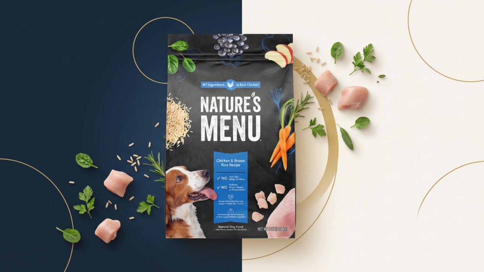 -"Nature's Menu Chicken and Brown Rice Recipe natural dog food with real chicken and vegetables"