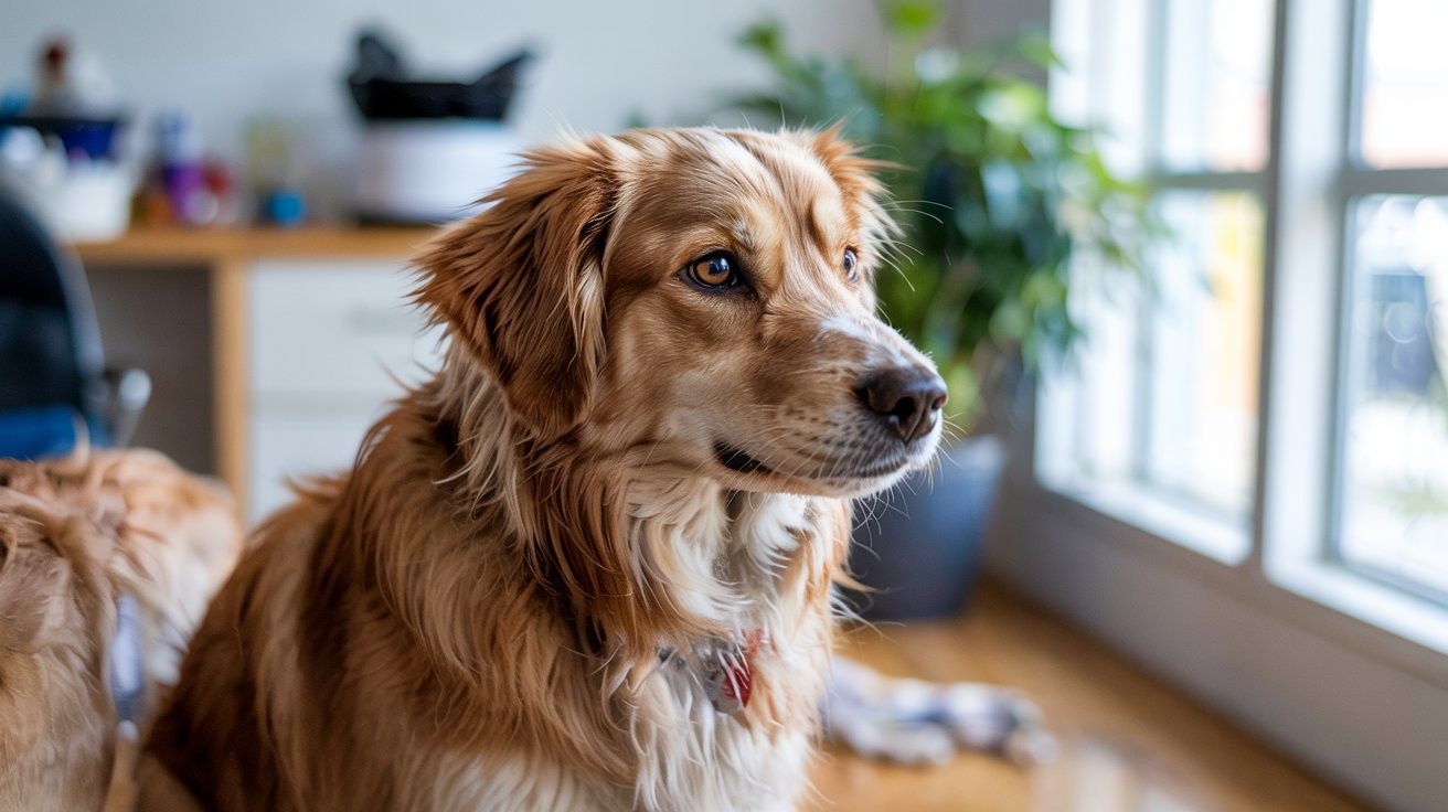 "A realistic indoor photograph of a calm female dog in soft natural light, representing different stages of her reproductive cycle in a subtle documentary style."