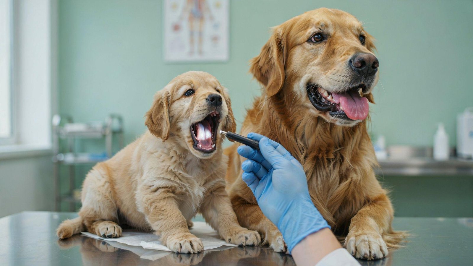 "Side-by-side realistic view of a puppy and adult dog in a vet clinic showing baby teeth and full adult teeth for dental development comparison."