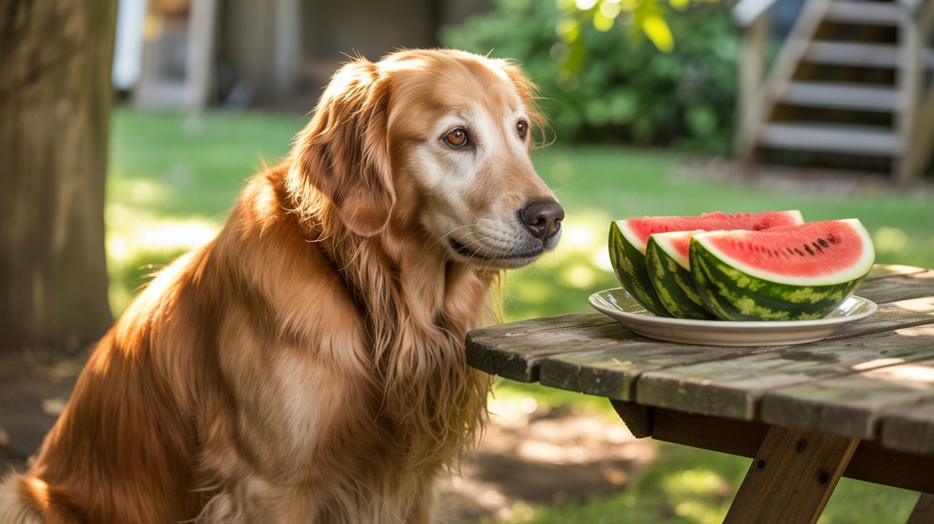 "Golden retriever looking at fresh watermelon slices on a sunny backyard table during summer"
