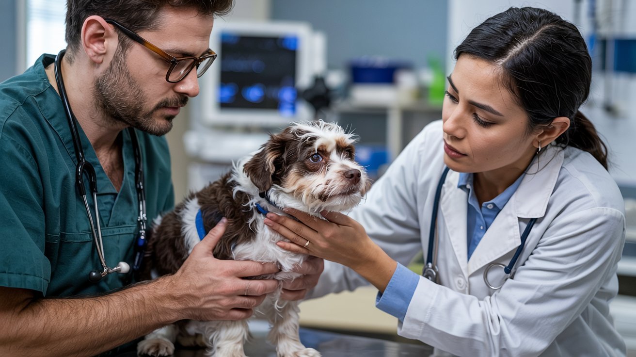 "Veterinarian examining a small dog in clinic illustrating choking and blockage risks from sticky foods like marshmallows"