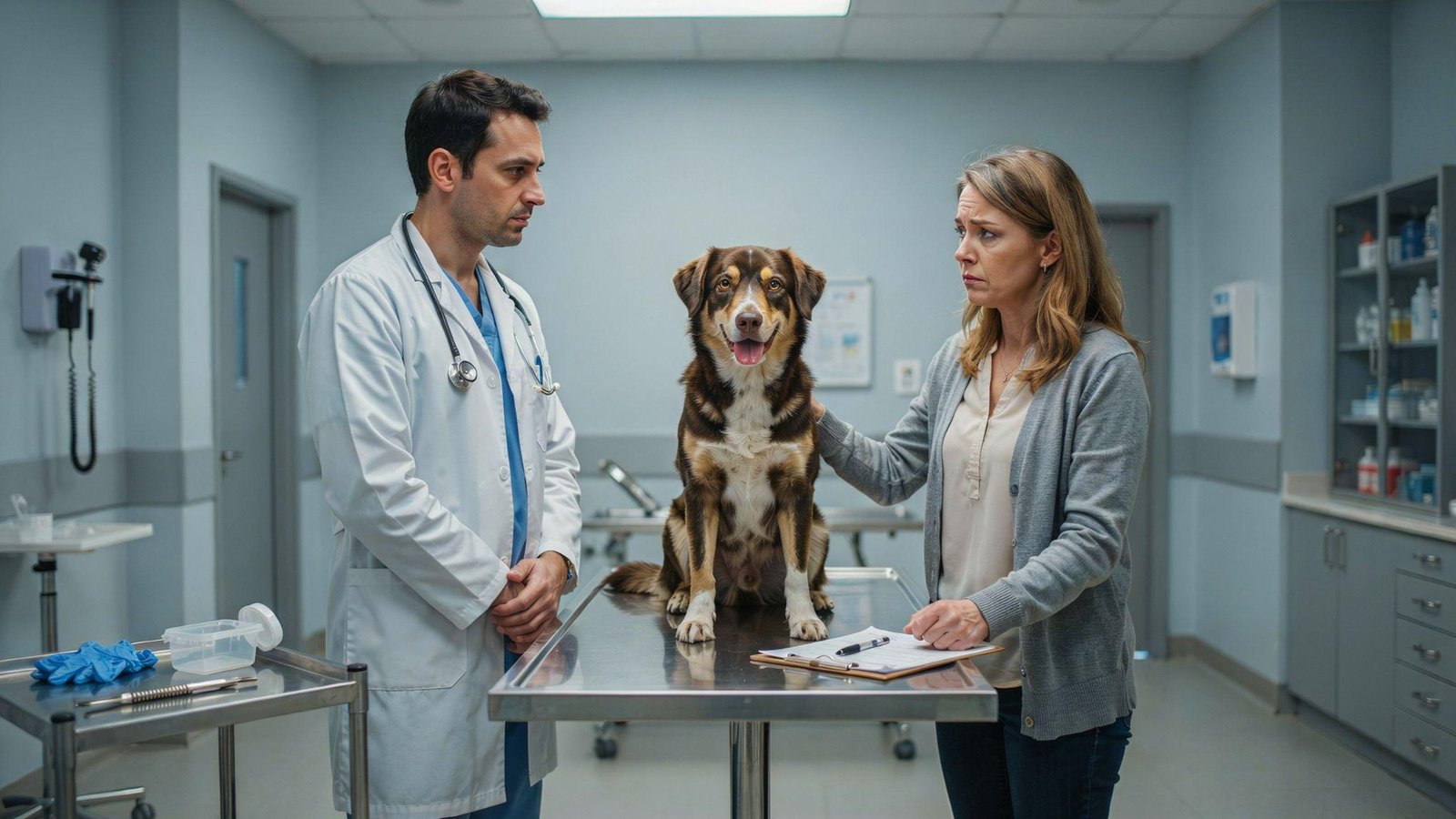 "Veterinarian examining dog with persistent diarrhea while discussing urgent treatment with pet owner in clinic"