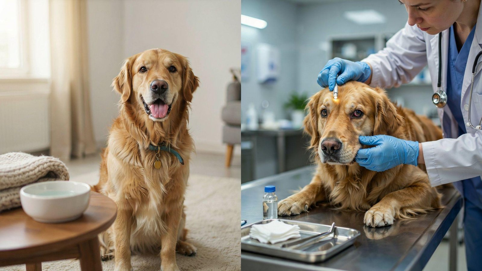 Concerned comparison showing dog mild eye redness versus severe emergency eye condition veterinary clinic scene