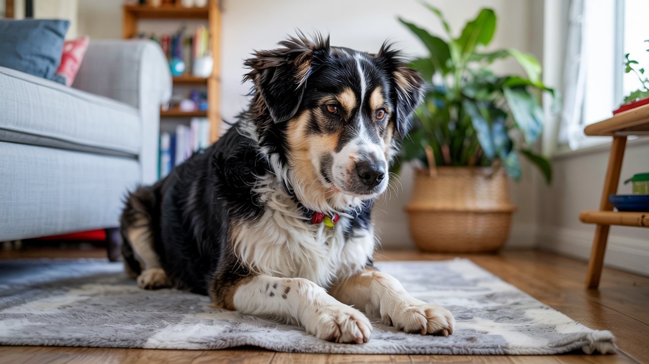 "Dog indoors focusing on its paws in a calm home environment"