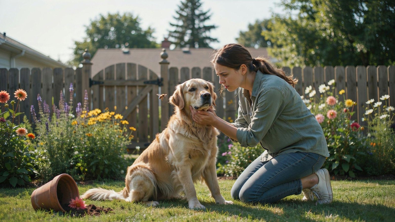 Dog with mild bee sting swelling while owner checks muzzle in sunny garden outdoors