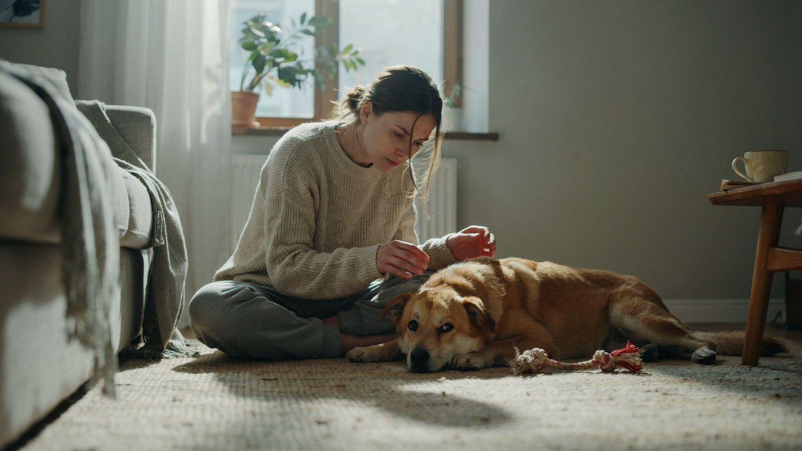 "Lethargic dog lying quietly on floor showing low energy as owner observes concern for dehydration"