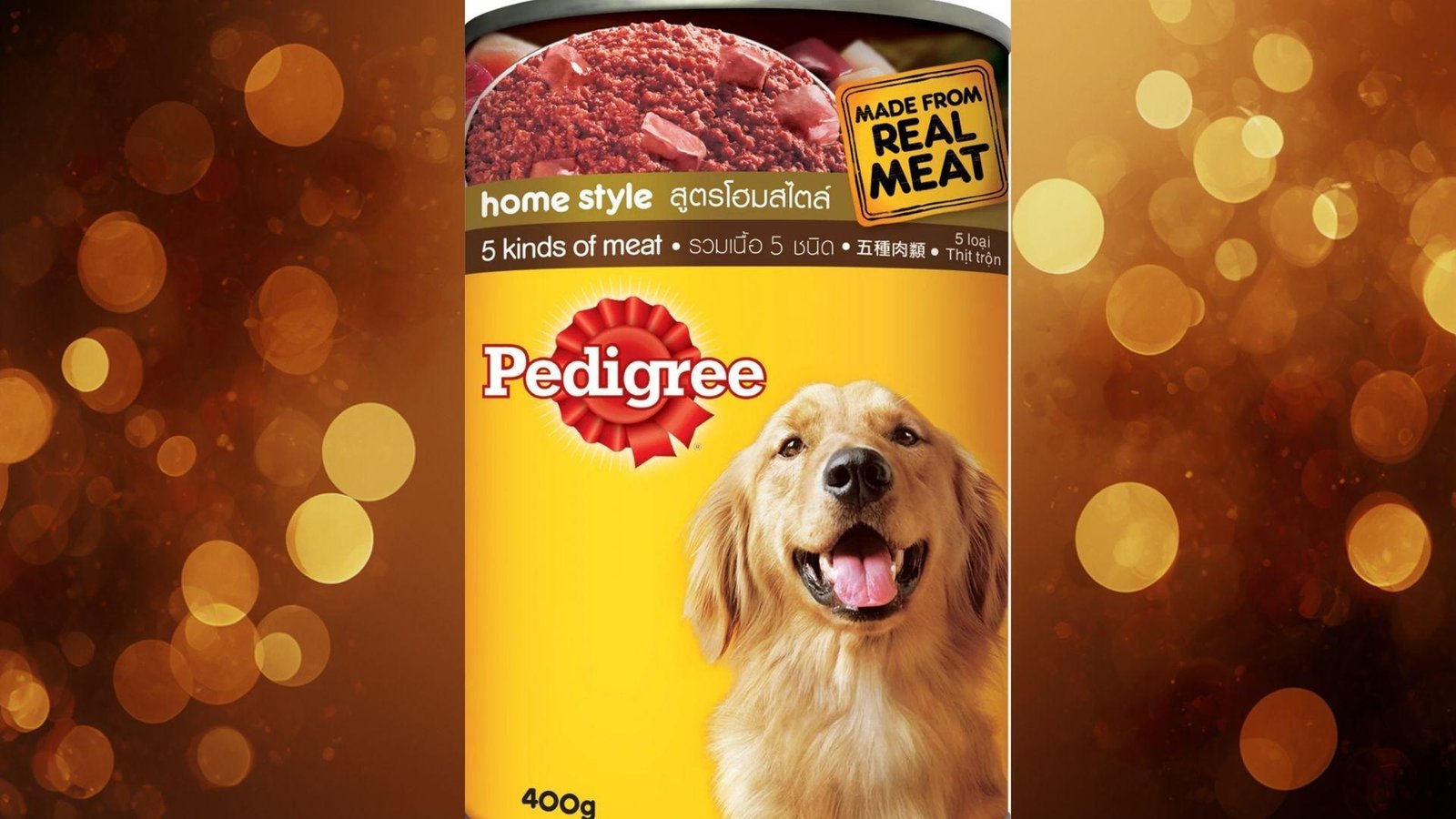 "Pedigree Home Style 5 kinds of meat canned dog food with Golden Retriever on orange bokeh background"