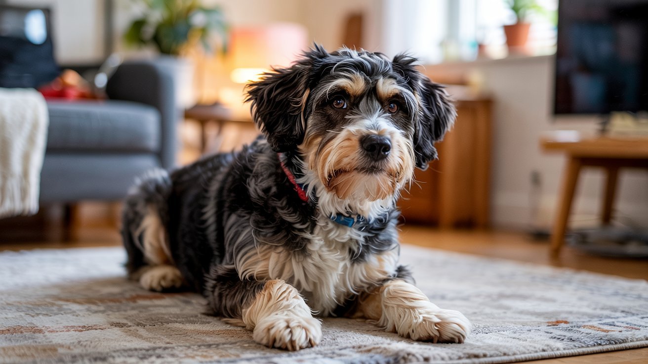 "Dog scratching its neck indoors due to skin irritation or allergies"