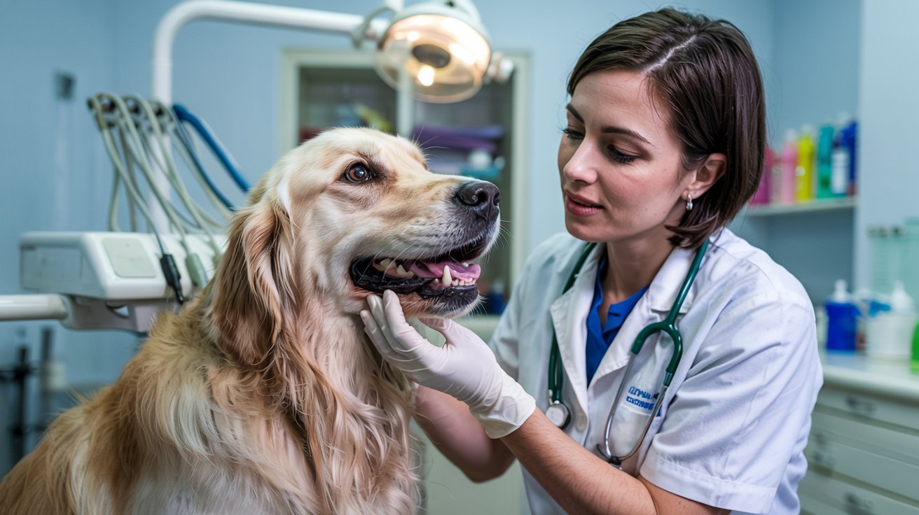 "Veterinarian examining dog with advanced gum disease and brown tartar buildup during dental checkup"