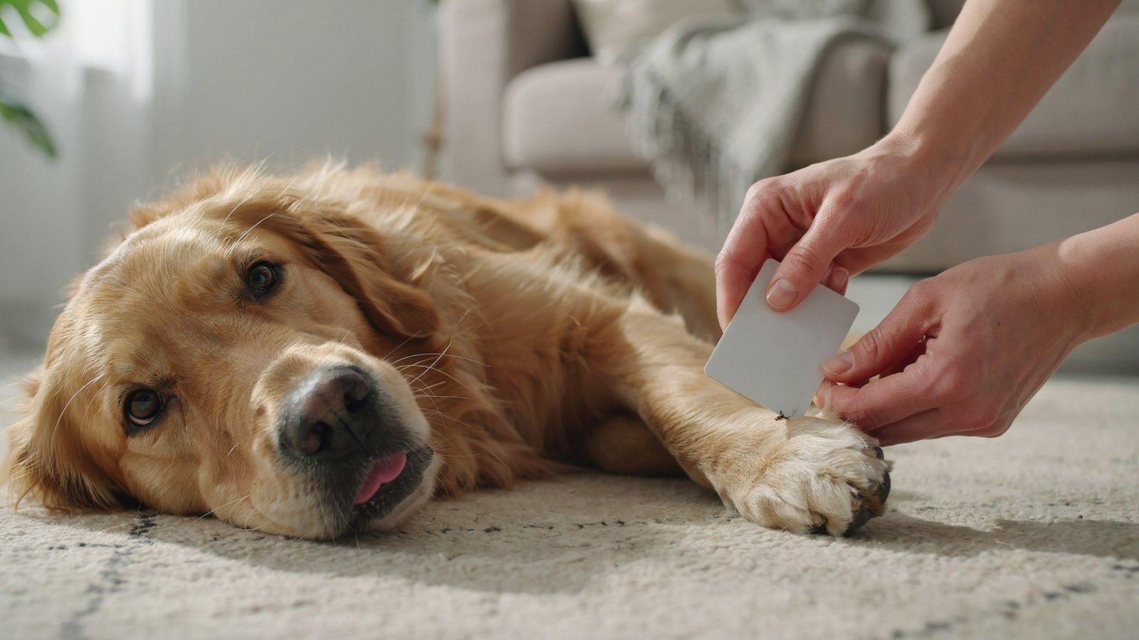 Pet owner safely scraping bee stinger from dog's paw using a credit card